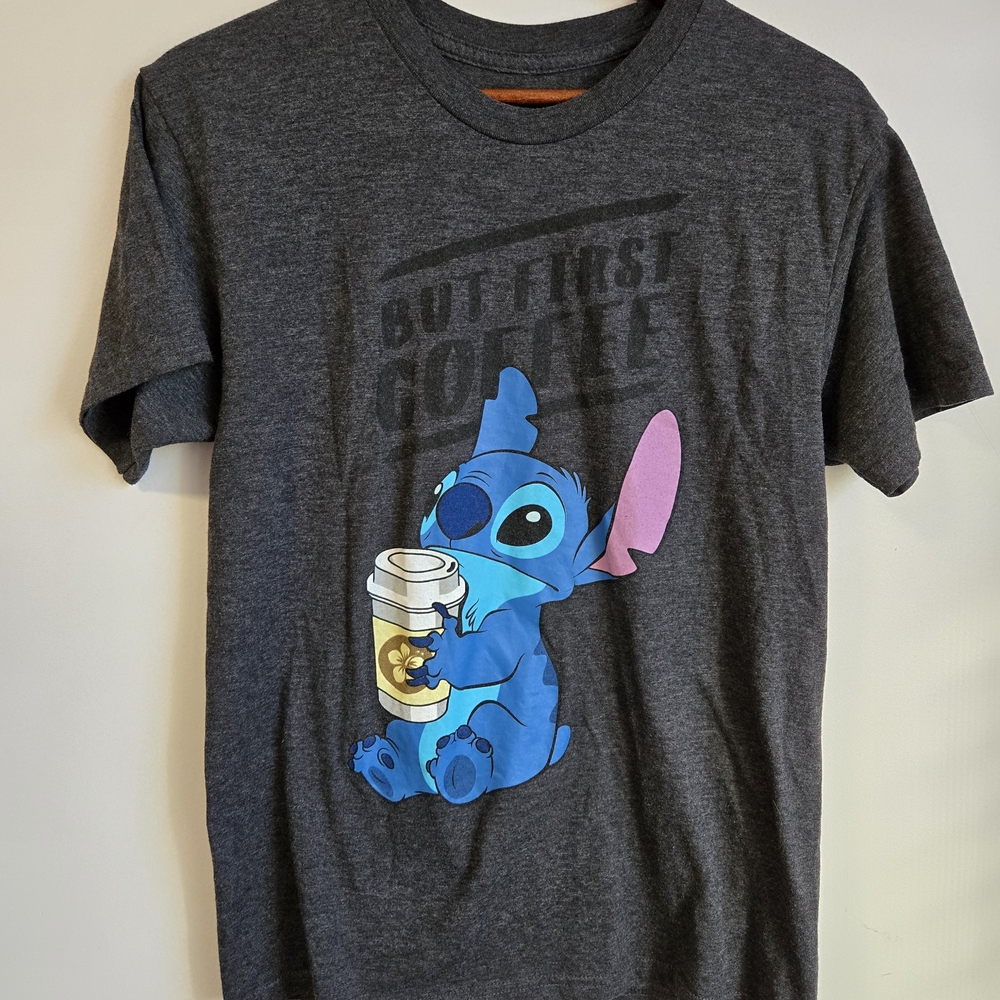 Disney Charcoal Tee with Stitch and "But Coffee First" Size M